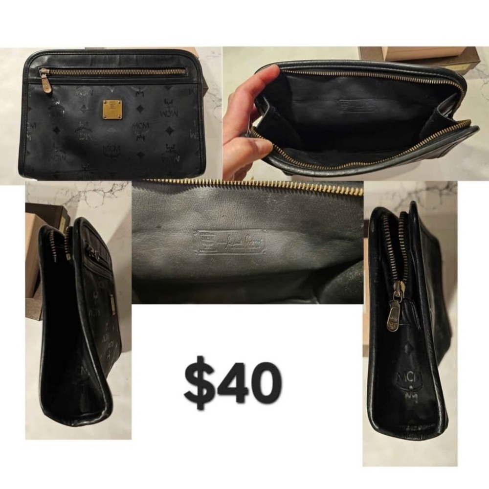 MCM Black Leather Pouch with Gold Details